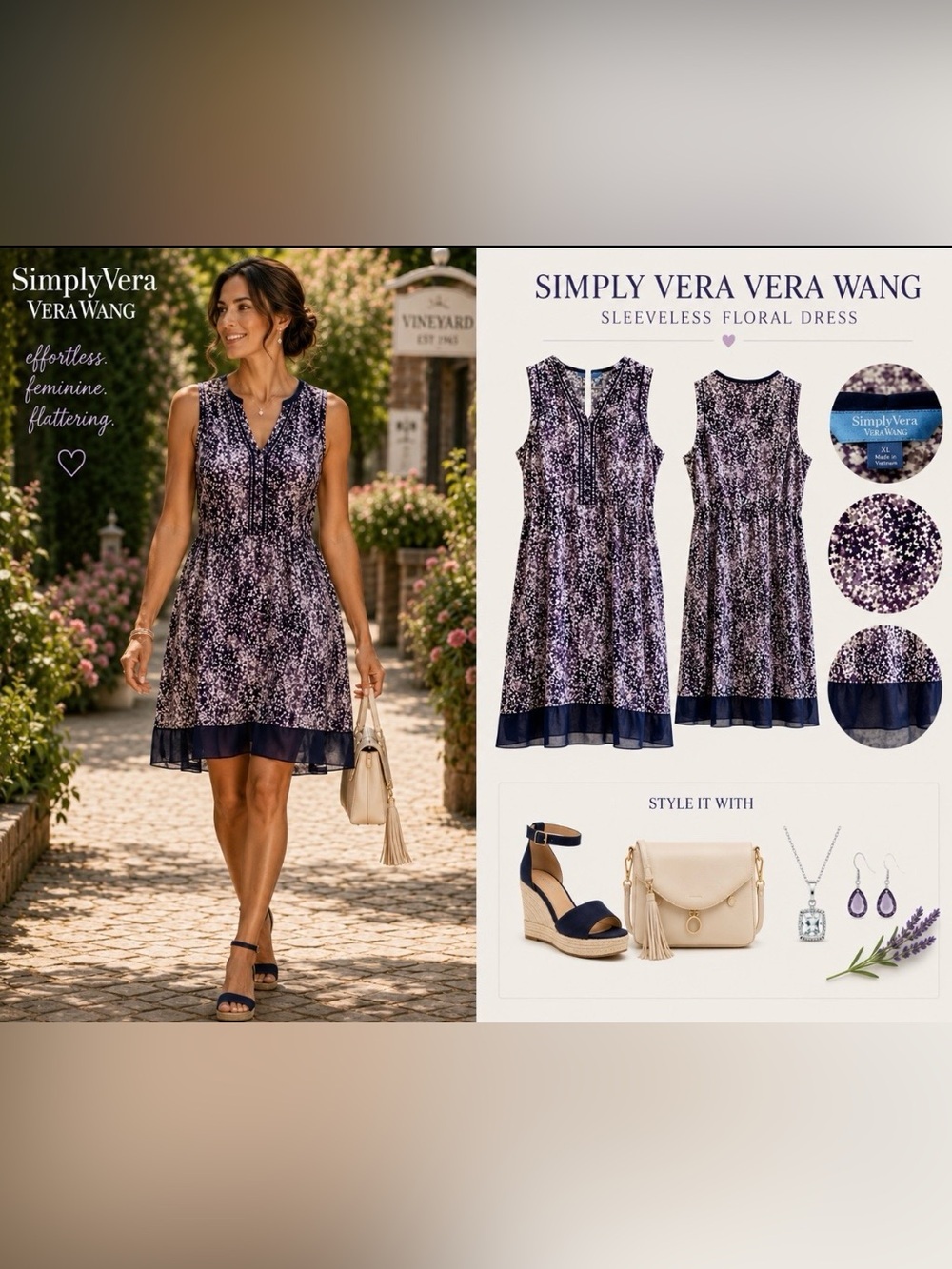 🍒 Simply Vera Vera Wang XL Floral Slvlss Dress Purple Navy Hi-Low Chiffon Hem